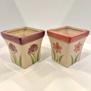 Two Mini Flower Pots Square Planters Hand Painted Vase Small Ceramic Pottery
